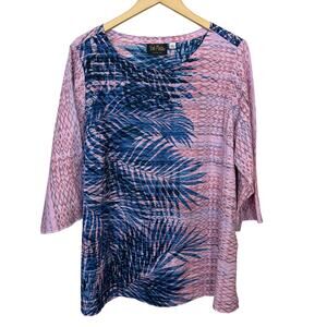 Bob Mackie Tunic Top Womens 1X Pink South Sea Palm Print 3/4 Sleeve Beachy Woven